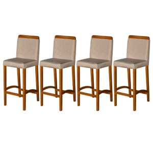 Kit 4 Banquetas Dubai Alta Bar Luxo Pés em Madeira Maciça Área Gourmet Balcão Sacada Hall Cor Bege