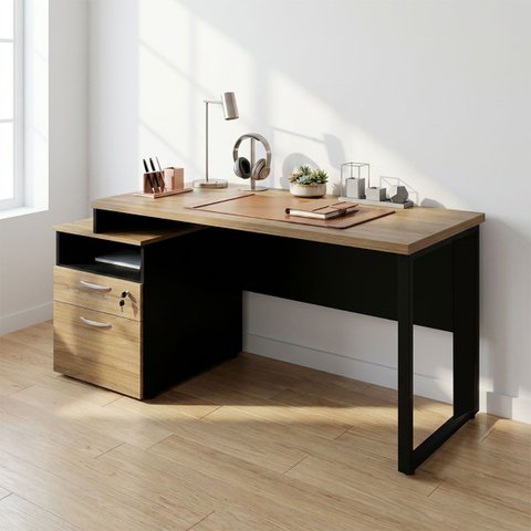 Mesa Escritório 1,50m Nicho e Gaveteiro Pé Metal Mac Pr F5 Cor:macadâmia com Preto