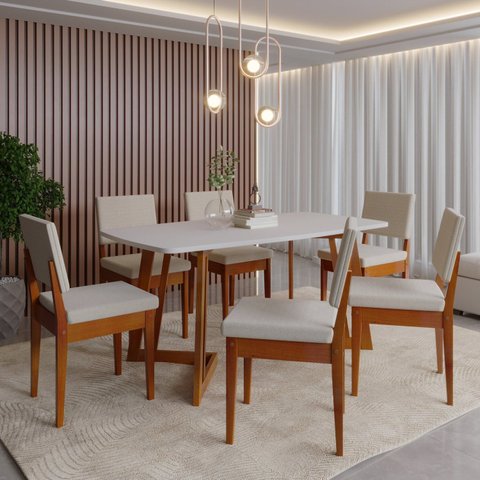 Conjunto Sala de Jantar Mesa 6 Cadeiras MDF Madeira Maciça Miami Bege