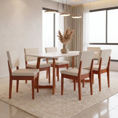 Conjunto Sala de Jantar Madeira Maciça 6 Lugares Tampo sem Vidro Cadeira Miami Boucle