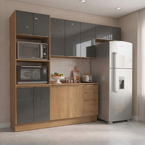 Cozinha Completa Modulada 4 Peças Vibra com Torre Quente e Balcão com Tampo Canela/Grafite Cinza