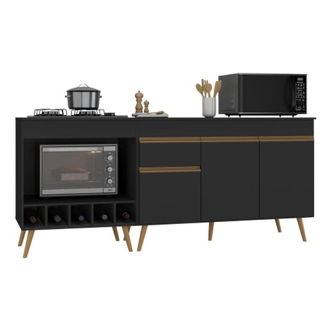 Kit Balcão de Cozinha para Pia e Balcão para Cooktop/Forno 190cm Veneza Multimóveis MP3777 Preto/