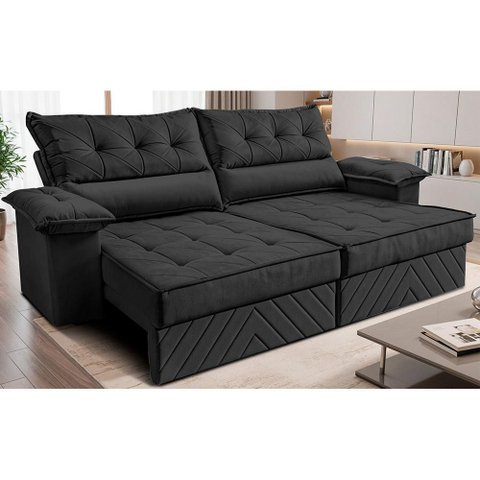 Sofá Retrátil e Reclinável 2,60m com Molas e Espuma D33 Thunder Velusoft Preto Cama Inbox