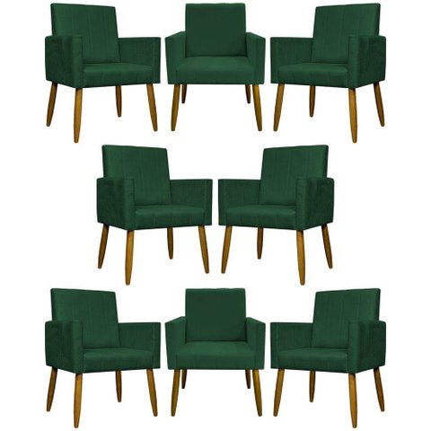 Kit 8 Poltronas Decorativas Mari Pé Palito Castanho - Verde Suede