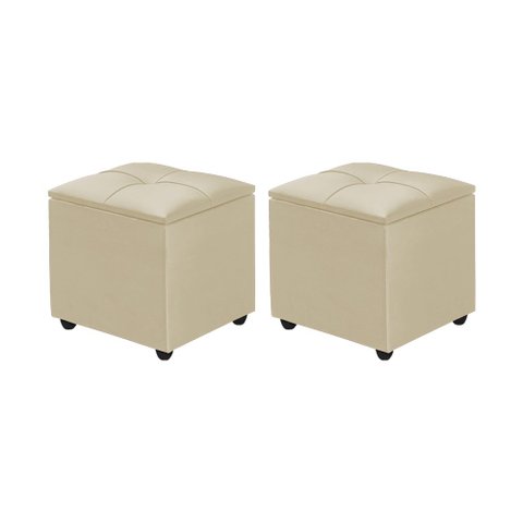 Kit 2 Puff Baú Decorativo Cristal 40x40 Estofado em Veludo Bege