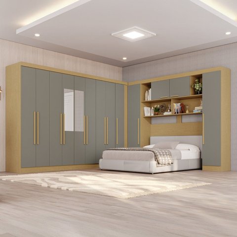 Guarda-Roupa de Canto com Espelho Modulado 11 Portas 4 Gavetas Portugal Cinza/Jequitibá/Granizo