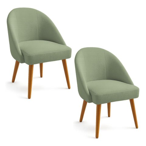 Kit 02 Cadeiras Poltrona de Jantar Estofada Luna Boucle Verde Pistache Pés Palito Castanho - Pallazi