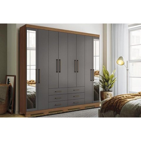 Guarda Roupa Casal 8 Portas e 6 Gavetas C/ Espelho e Pés Master 8.6 Jatoba/grafitte - Santos Andir
