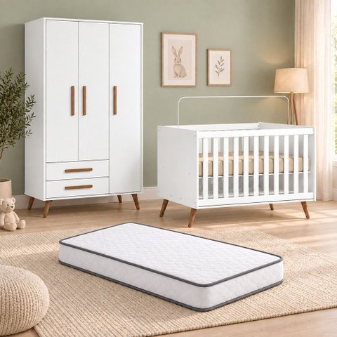 Kit Quarto de Bebê Q Encanto Retrô com Berço Mini Cama Guarda Roupa 3 Portas e Colchão D18 130x70 Mo