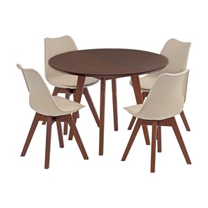 Conjunto Mesa de Jantar Redonda Vertice Nozes Madeira Maciça 105cm com 4 Cadeiras Leda Design Nude