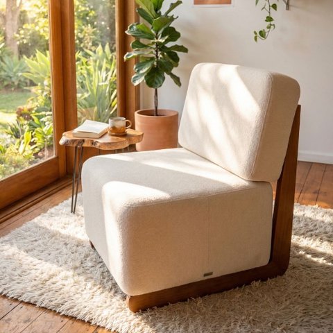 Poltrona Decorativa Rafaela Premium Base Madeira Moderna Sala Recepção Design Orgânico Bouclê Bege -