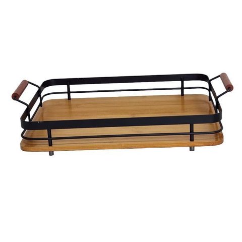 Bandeja de Bambu e Metal para Cozinha 35x25 Cm