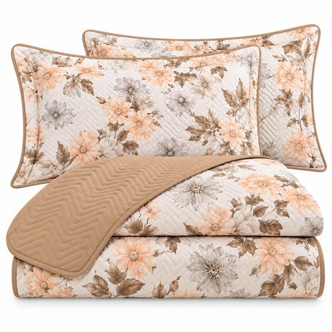 Kit Cobre Leito Floratta Casal Percal 150 Fios Dupla Face Estampado Colcha 3 Peças Floral Bege
