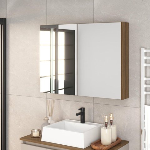 Armário Espelheira para Banheiro 80cm com 2 Portas de Espelho Aurora Marrom/Mel