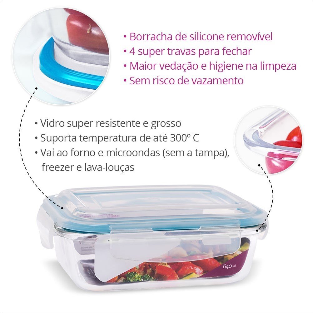 Conjunto Kit 3 Potes Vidro Hermético Marmita Fitness 640ml - 3