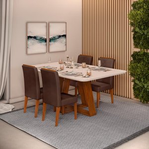 Conjunto Sala de Jantar Mesa Tampo Vidro 4 Cadeiras Dj Móveis Freijó Kiara Moca Yasmin