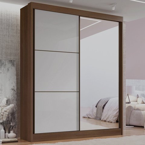 Guarda-Roupa Casal 2 Portas 3 Gavetas com Espelho 100% MDF Grécia Marrom/Castanho/Off White