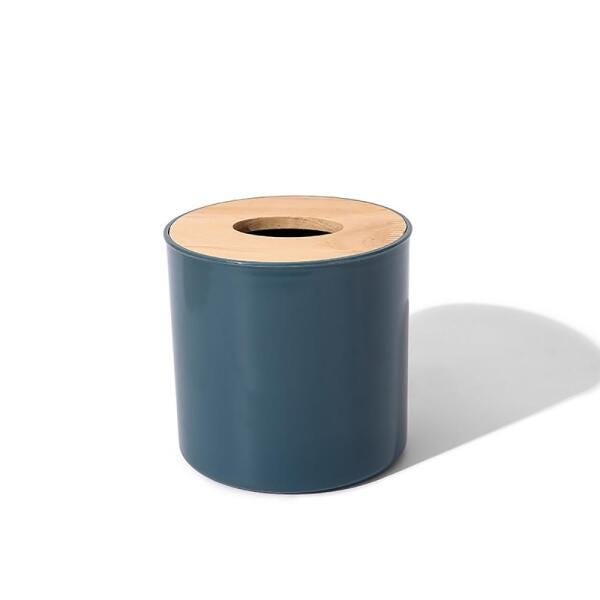 Porta Lenço Papel Redondo com Tampa de Bambu - Azul - 1