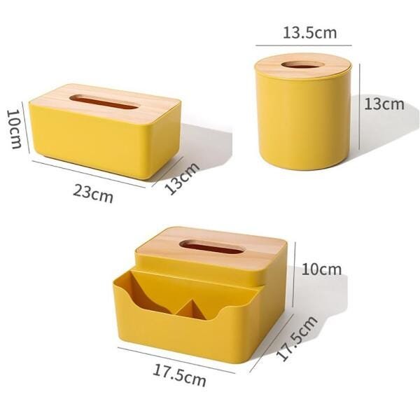 Porta Lenço Papel Redondo com Tampa de Bambu - Amarelo - 2