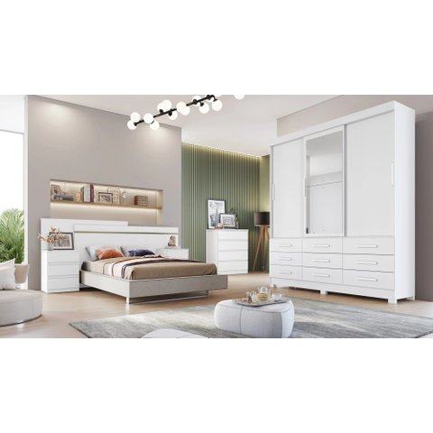 Guarda-Roupa Buriti 3 Portas 9 Gavetas com Espelho Neve Novo Horizonte