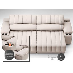Sofá com Porta Copos Carregador USB Ret Rec Murano 2,30m Velosuede Areia - NETSOFAS - 2