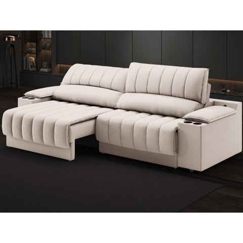 Sofá com Porta Copos Carregador USB Ret Rec Murano 2,30m Velosuede Areia - NETSOFAS