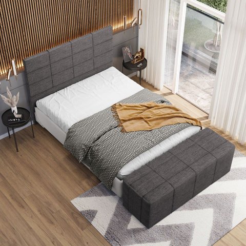 Kit Cabeceira Cama Box Queen 160cm com Calçadeira Roma W01 Linho Cinza Escuro - Lyam Lyam Decor