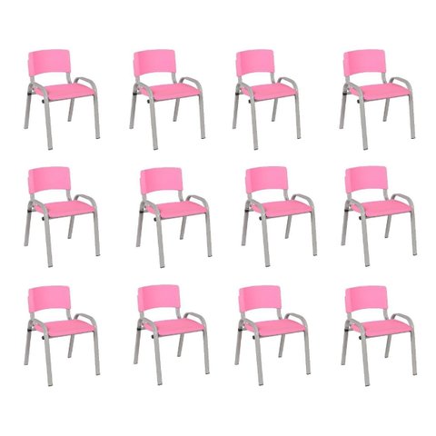 Kit 12 Cadeiras Infantil Iso, Escola, Base Cinza- Rosa