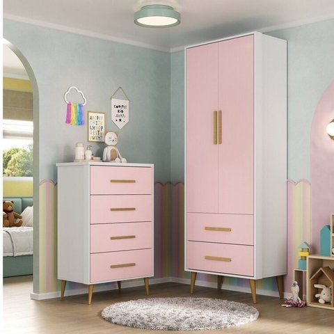 Quarto Infantil Completo com Guarda-Roupa e Cômoda Magia Espresso Móveis Rosa/Branco