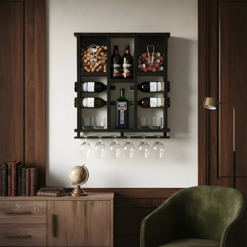 Barzinho Adega de Madeira Maciça para 7 Garrafas com Porta Rolhas, Tampinhas e Taças - Nogueira