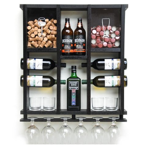 Barzinho Adega de Madeira Maciça para 7 Garrafas com Porta Rolhas, Tampinhas e Taças - Nogueira