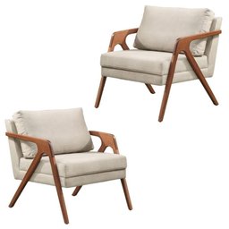 Kit 02 Poltronas Decorativas Madeira Maciça Luxo Itália - Zahav Estofados:Linho Bege - 1