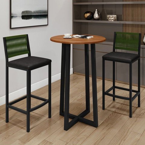 Conjunto Bistrô Mesa Redonda 2 Banquetas Madeira Maciça Pinus Porta-Gelo Coliseu Verde/Preto