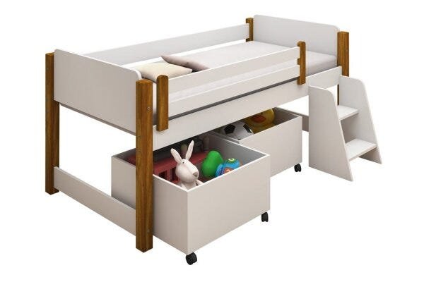 Cama Naty Branco/Mel com 2 baús e escadinha - 2