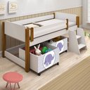Ver imagem 1 de Cama Naty Branco/Mel com 2 nichos adesivadas filhote lilas e escadinha