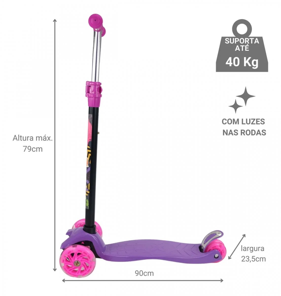 Patinete Infantil Roxo 3 Rodas Luzes Led - DmToys 5666 - 2
