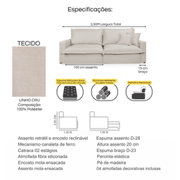 Sofá Retrátil Reclinável Davi Original com Molas Ensacadas Tecido Linho Cru 2,30m - 7