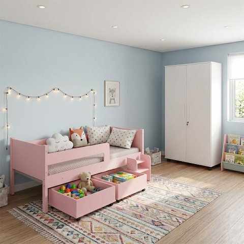 Conjunto Cama Luna Plus Infantil com Armário Ouro 2 Portas 92cm Rosa e Branco Conffort Casa