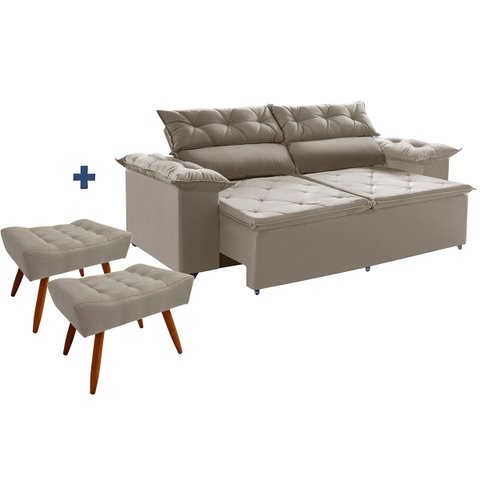 Sofá Compact 200cm Retrátil, Reclinável com Molas Espirais Mais 2 Puffs com Pés Palito