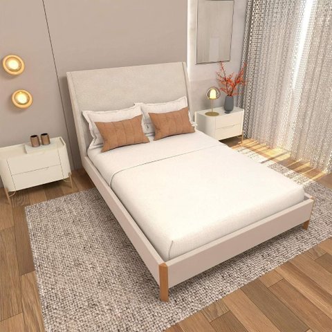 Cama Casal Estofada com Cabeceira e 2 Mesas MDF 148cm Veludo Creme com Luna