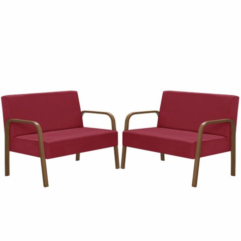 Kit Poltrona Decorativa 2 Namoradeiras de 2 Lugares Jade Braço Madeira D Salla Suede Vermelho