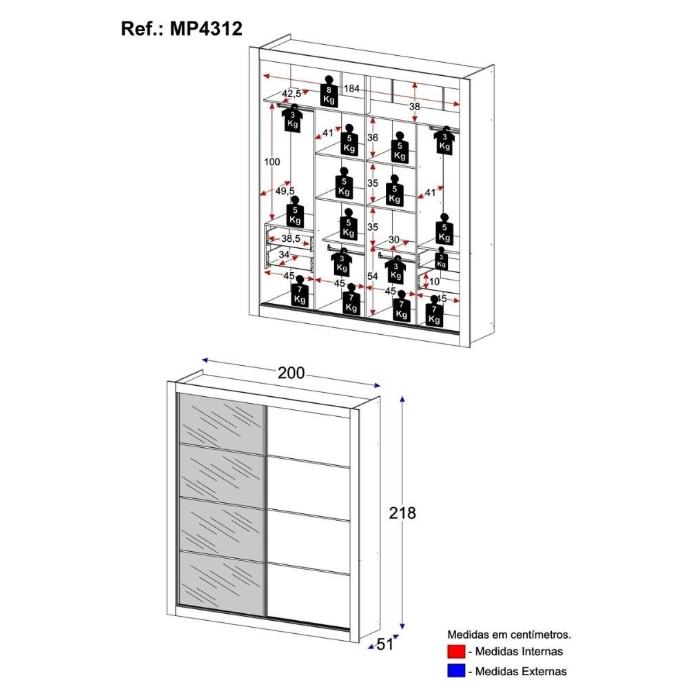 Guarda-roupas Casal com Espelho 2 Portas de Correr 4 Gavetas Alasca Multimóveis Mp4312 - 4