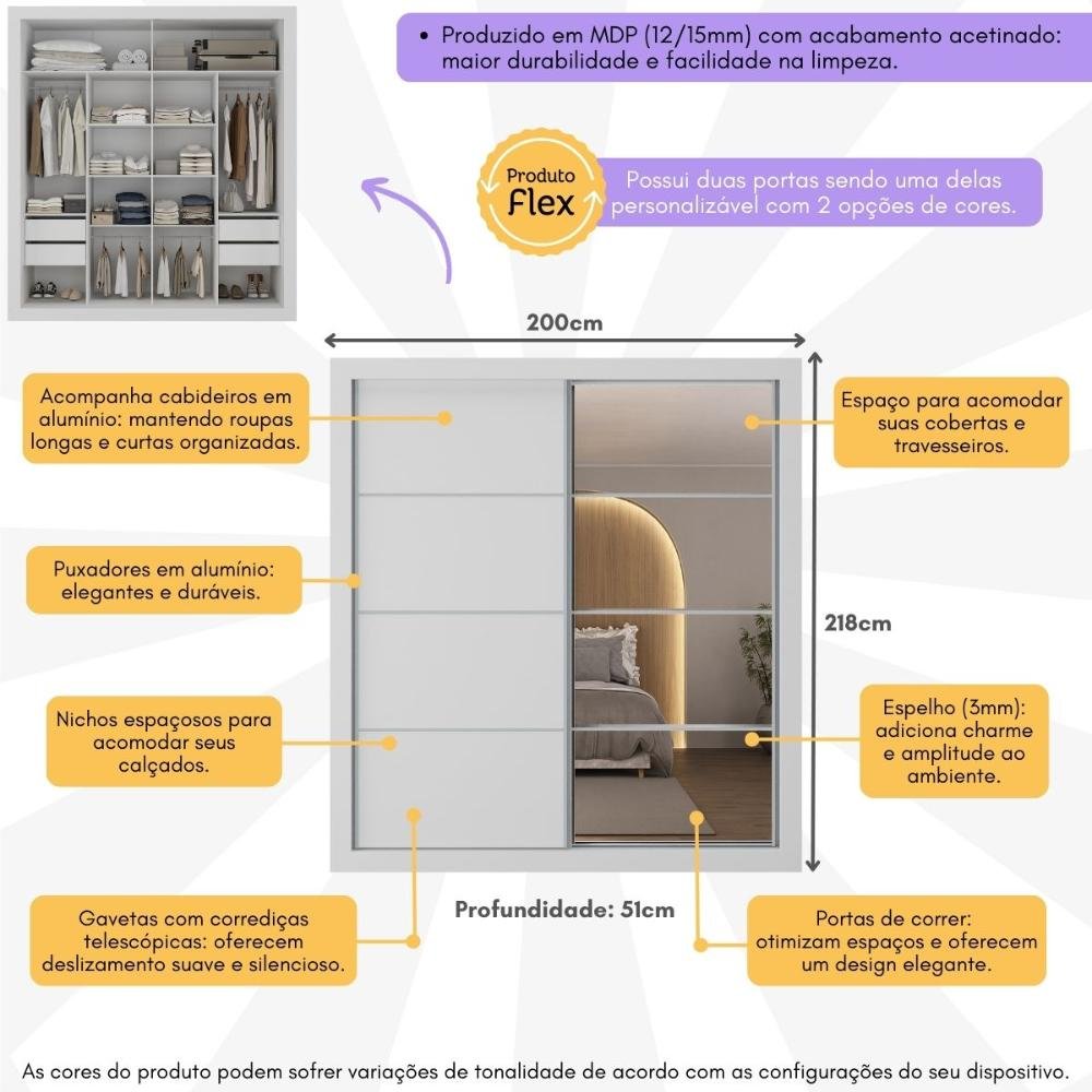 Guarda-roupas Casal com Espelho 2 Portas de Correr 4 Gavetas Alasca Multimóveis Mp4312 - 3