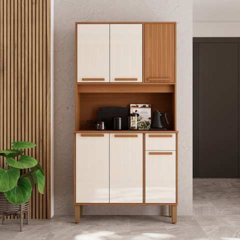 Armário de Cozinha Frisado 6 Portas 1 Gaveta 90cm Roma Marrom/Freijó/Off White