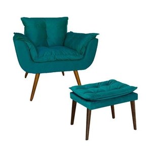 Poltrona com Puff Opala Suede Azul Turquesa Su Decor