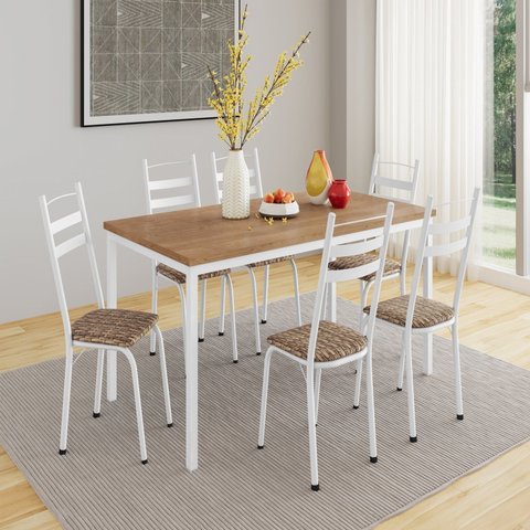 Conjunto Sala de Jantar Mesa Retangular Tampo BP com 6 Cadeiras Adriana Branco/Rattan/Demolição
