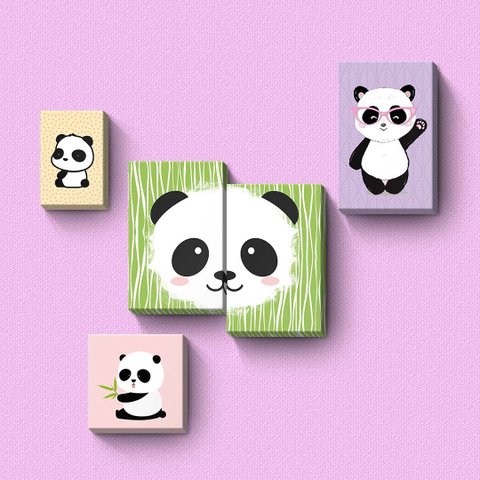 Panda Cute - Quadros ou Placas Modulares com 5 Peças