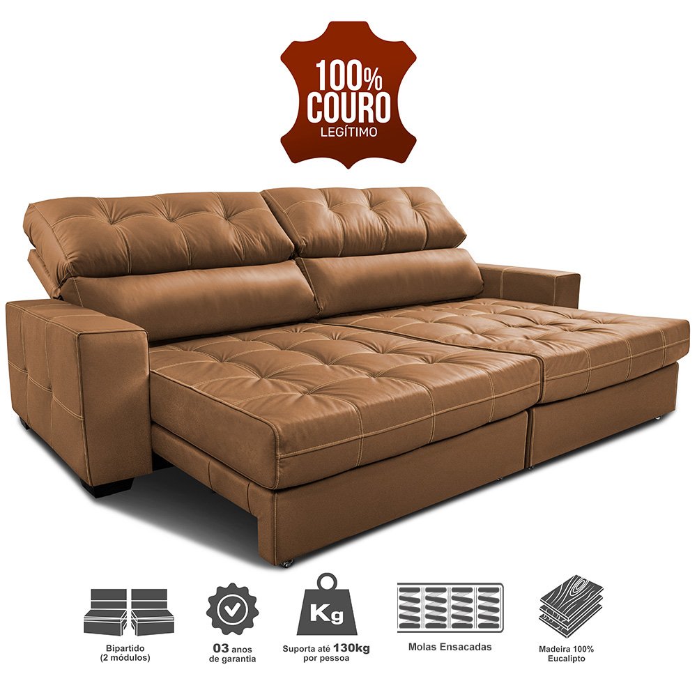 Sofá de Couro Legítimo Retrátil e Reclinável 2,15m Molas Ensacadas Cama Inbox Majesty Mel - 3