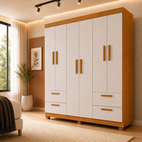 Guarda-Roupa Casal 6 Portas 4 Gavetas 100% MDF Flórida Yescasa Branco/Cinamomo/Off White