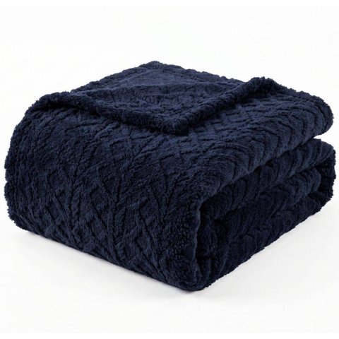Manta Queen Sherpa Dupla Face 240g/m²Jacquard Alto Relevo Aveludada Quente e Macia - Marinho 100% Po